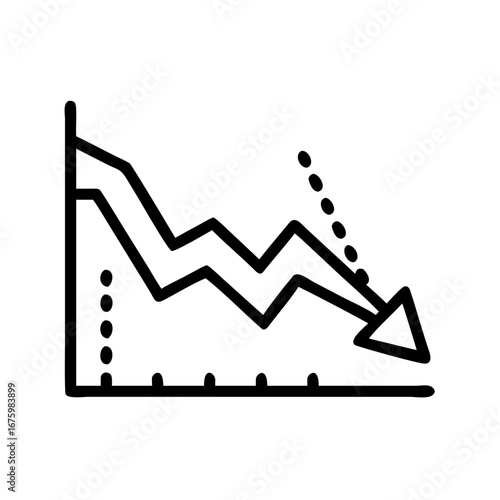 Depicting a downward trend with two zigzagging lines and a dotted line ending in an arrow indicating decline