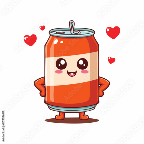 Cute kawaii soda can character mascot with a happy smiling face and love hearts, standing confidently. Adorable beverage cartoon illustration on a white background