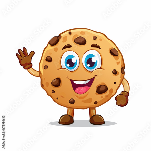 Happy chocolate chip cookie cartoon character waving a friendly welcome. Cheerful mascot vector illustration concept for bakeries and snacks