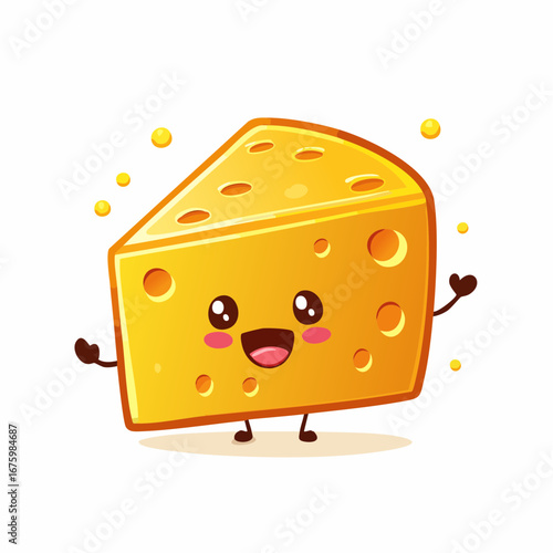 Cute kawaii cheese character smiling happily, a cheerful food concept illustration isolated on a white background