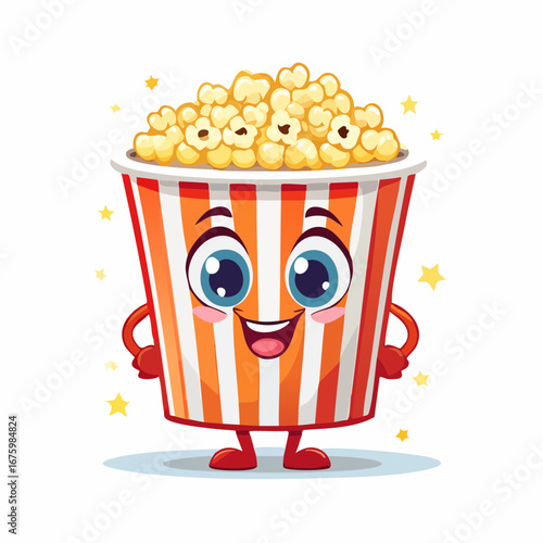 Cute Popcorn Character with Big Eyes and Sparkles