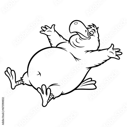 Black and white line drawing of a cute bird lying on its back; wings and legs spread, large beak details. Suitable for posters, kids magazine content, stickers and coloring books.