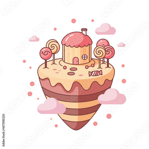 Cute Candy House on a Floating Island Whimsical Cartoon Illustration