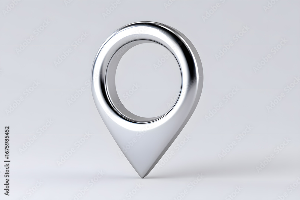 Fototapeta premium Metallic silver 3D location pin icon with futuristic shine. Ideal for minimalist GPS UI or stylish navigation systems.