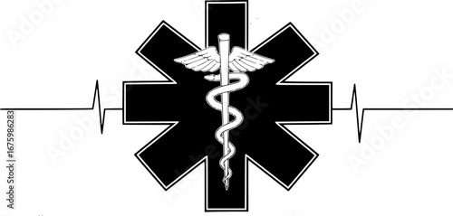 Star of Life Medical Symbol: A stark black and white illustration of the Star of Life, a globally recognized symbol for emergency medical services, featuring the Rod of Asclepius at its center