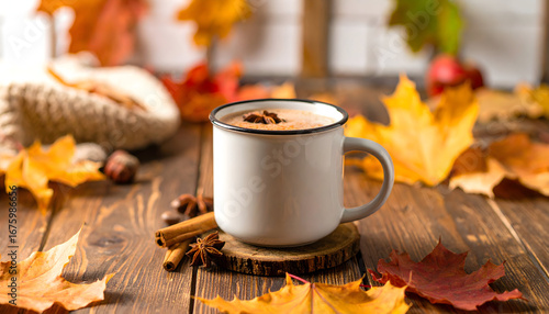 Aromatic Autumn Hot Drink with Spices and Colorful Leaves on a Rustic Wooden Table