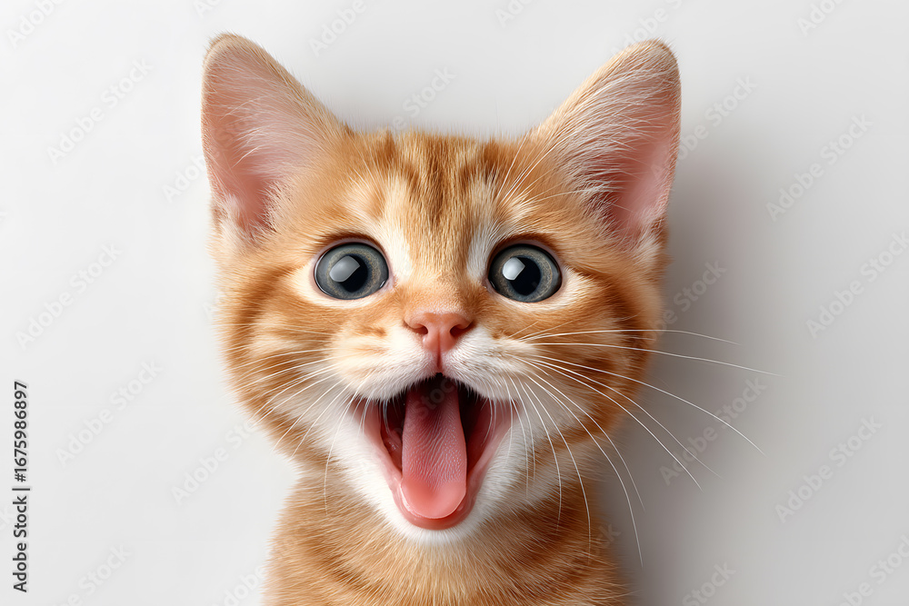 Fototapeta premium Excited ginger cat with shocked wow face isolated on white. Cute pet portrait symbolizing happiness, joy, surprise, and playful reaction.