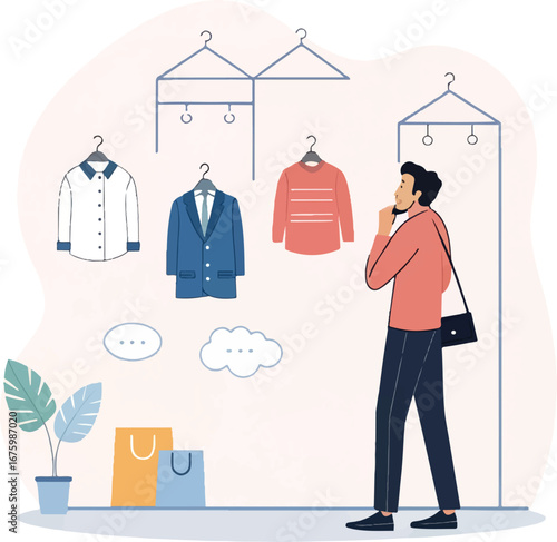 Man Contemplating Which Outfit to Buy in Clothing Store