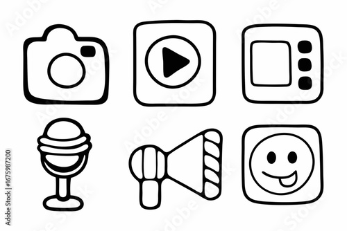 Clean Thin Line Social Media Icons Set in Black on White Vector Illustration