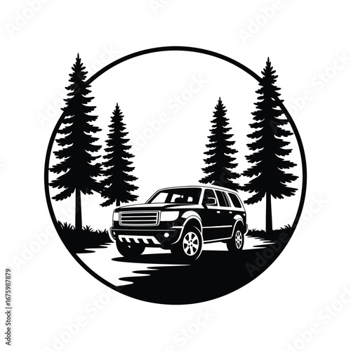 Outdoor Adventure with Car and Tall Pine Trees