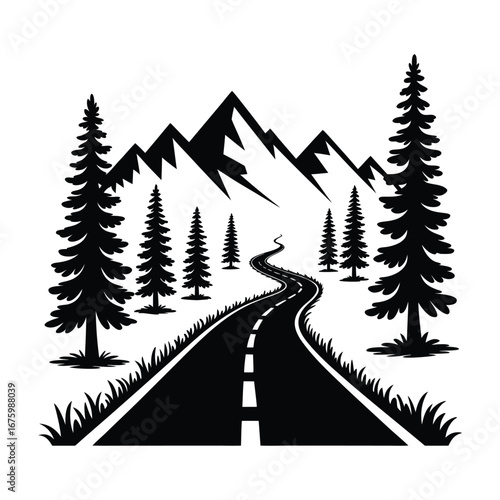 Scenic Drive Silhouette with Coniferous Trees and Mountains
