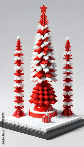 Red and White Christmas Trees Made of Toy Building Blocks