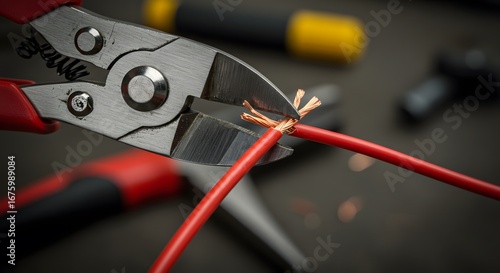Wire Cutters Cutting Red Electrical Cable in Close-up