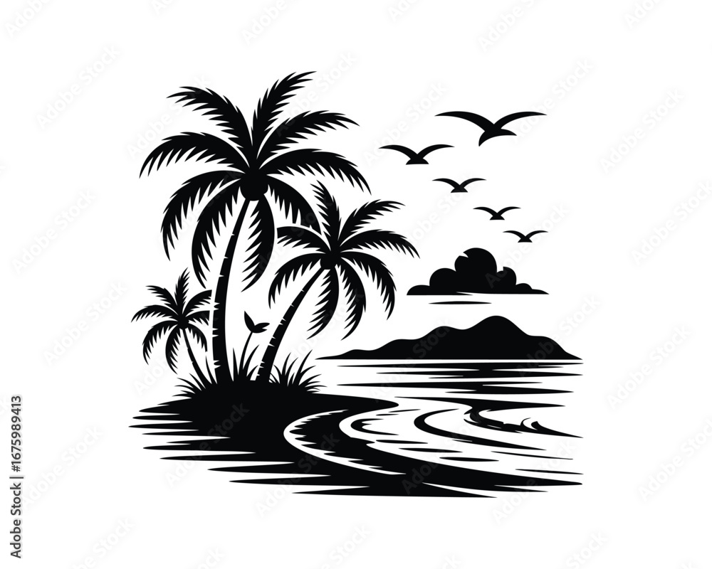 Fototapeta premium Serene Beach Sunset with Palm Trees and Birds Vector 