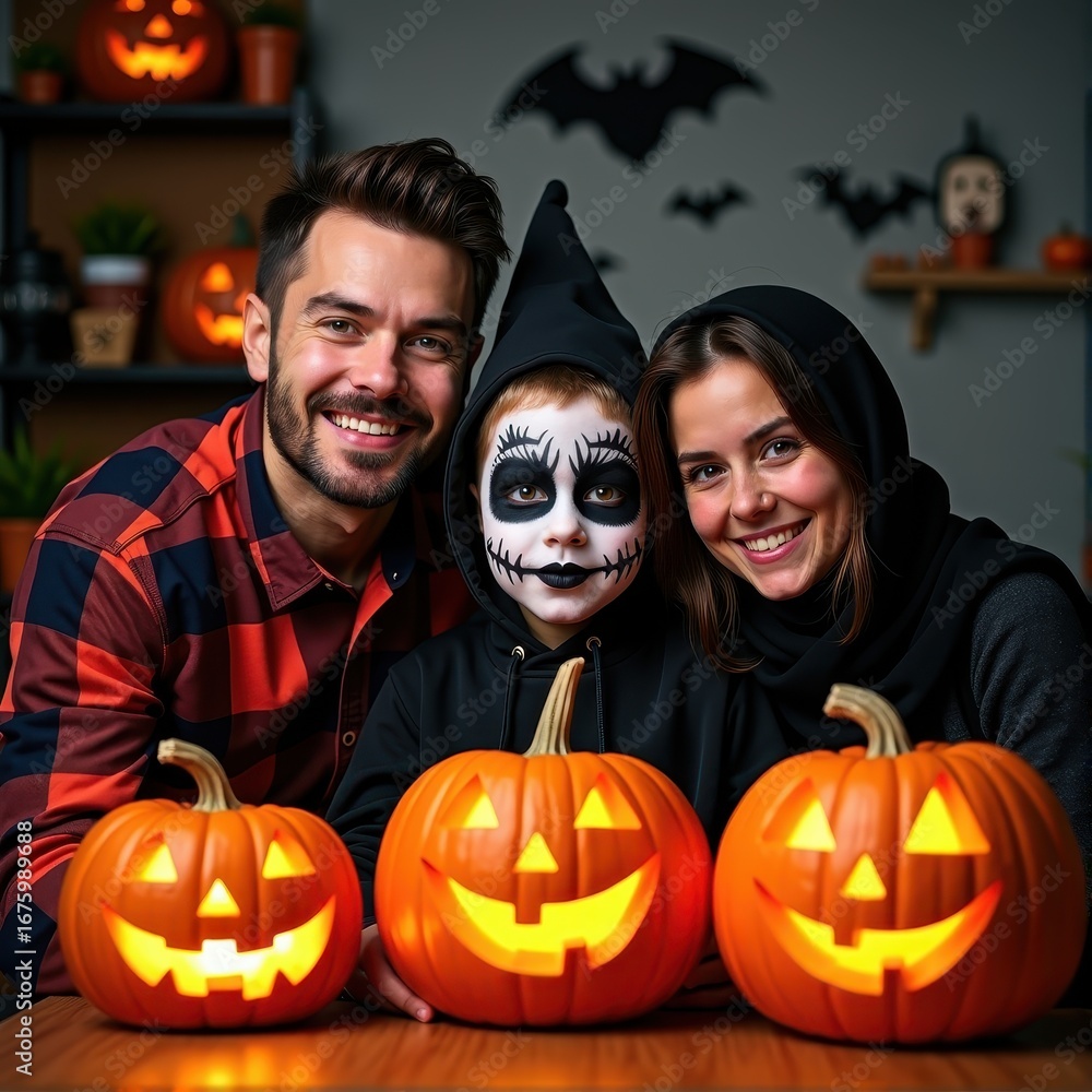 Fototapeta premium Family In Halloween Costumes With Pumpkins