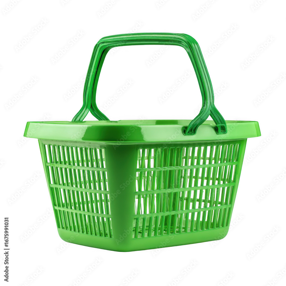 Fototapeta premium Green shopping basket for grocery purchases. [Transparent Background PNG].