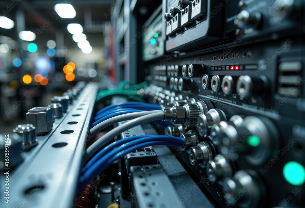 Naklejka premium Server racks with network cables and electronic equipment in a data center