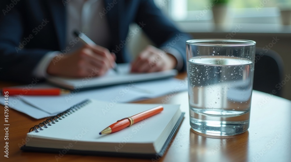 Fototapeta premium Writing notes and staying hydrated in a modern office setting indoor business context focused viewpoint