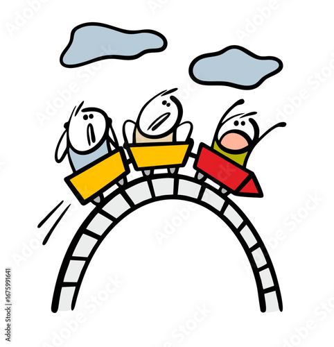 High slide, a dangerous amusement park attraction. Vector illustration of people at the top in the clouds shouting, raising their hands and being afraid to go down at speed. Roller coaster, deadly n