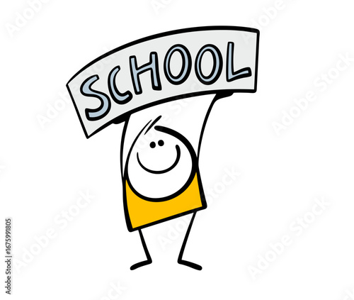 Cartoon happy child holds a banner above his head, attracts attention. Vector illustration of a student enjoying school. Funny character and useful information.