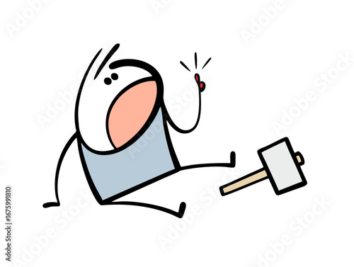 Unfortunate stickman hammered nails and injured his finger. Vector illustration of a master striking with cartoon hammer. He screams in pain, suffering on the floor.