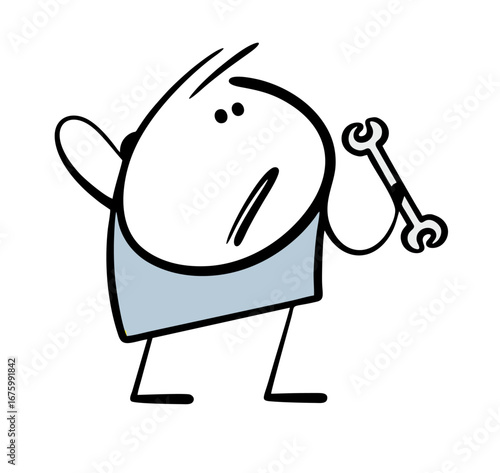 Doodle unlucky stickman holds a wrench and does not understand the task. Vector illustration the master thinks how to fix. Tools for a confused locksmith.