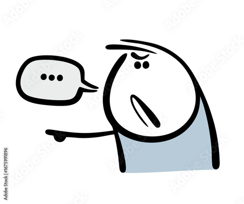 Doodle strict, dominant stickman gives orders. Vector illustration the boss gestures to indicate the direction, selects a victim, and sends him to work.