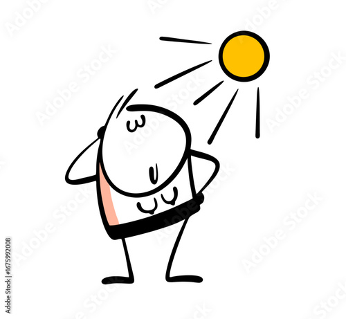 Cartoon young topless woman is sunbathing under the rays of the bright sun on the beach. Vector illustration of a nude beach, a woman in a swimsuit by the sea.