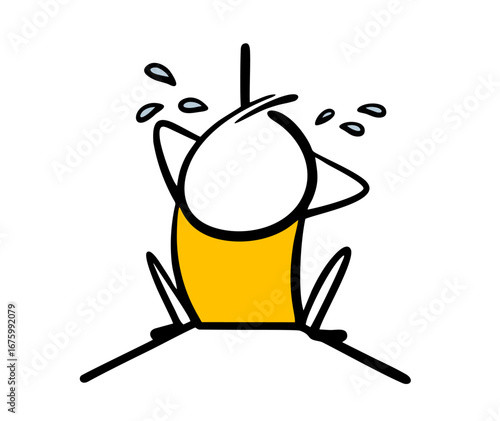 Cartoon funny offended child sits with his face in the corner and sobs loudly. Vector illustration of a boy crying. Doodle punished teenager is suffering.