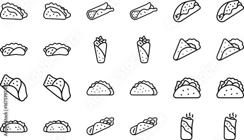 Food and Drink Icon Set, Fast Food Outline Vector, Snack, Burger, Sandwich, Wrap, Taco, Soda, Juice, Line Art Icons Collection for Restaurant, Cafe, Delivery and Menu Design