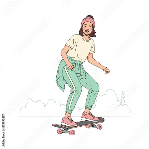 Smiling young woman skateboarding on city street wearing beanie and casual clothes enjoying the sunny day with a carefree attitude.