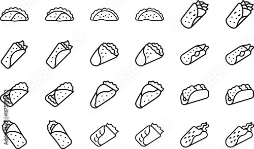 Food and Drink Icon Set, Fast Food Outline Vector, Snack, Burger, Sandwich, Wrap, Taco, Soda, Juice, Line Art Icons Collection for Restaurant, Cafe, Delivery and Menu Design