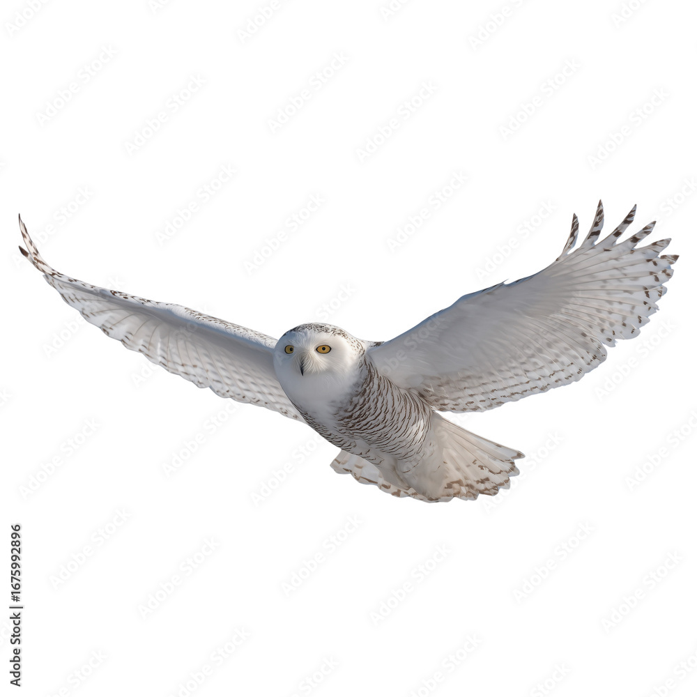 Fototapeta premium Snowy Owl in Flight on transparent png background