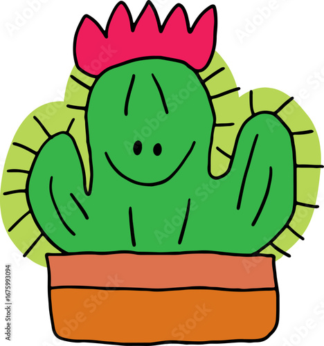 Cute happy green cactus with thorns with red flower in flowerpot. Hand drawn doodle children drawings. Cute kids background for your design. Vector cartoon elements