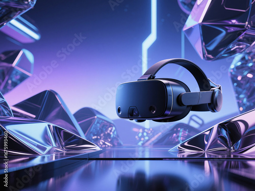 Black virtual reality headset placed in a glowing neon purple futuristic environment with metallic elements. Concept of immersive technology, augmented reality, metaverse, gaming, and digital