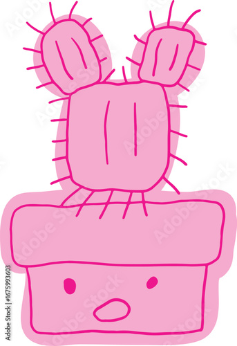 Cute pink flower pot with a face with a pink cactus in it. Hand drawn doodle children drawings. Cute kids background for your design. Vector cartoon elements. Pink curved lines
