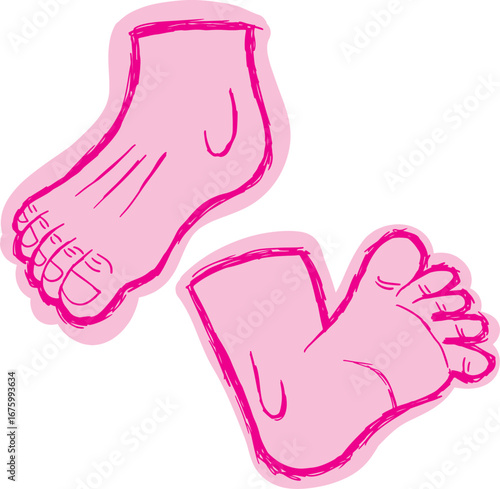 Top and bottom view of human legs, outlines with curved black lines in grunge style. Ideal for design, illustrations and projects that require a modern, expressive style, pink lines on pink background