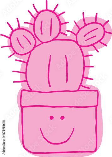 Pink cute smiling flower pot with a face and a pink cactus growing in it. Hand drawn doodle children drawings. Cute kids background for your design. Vector cartoon elements. Pink curved lines