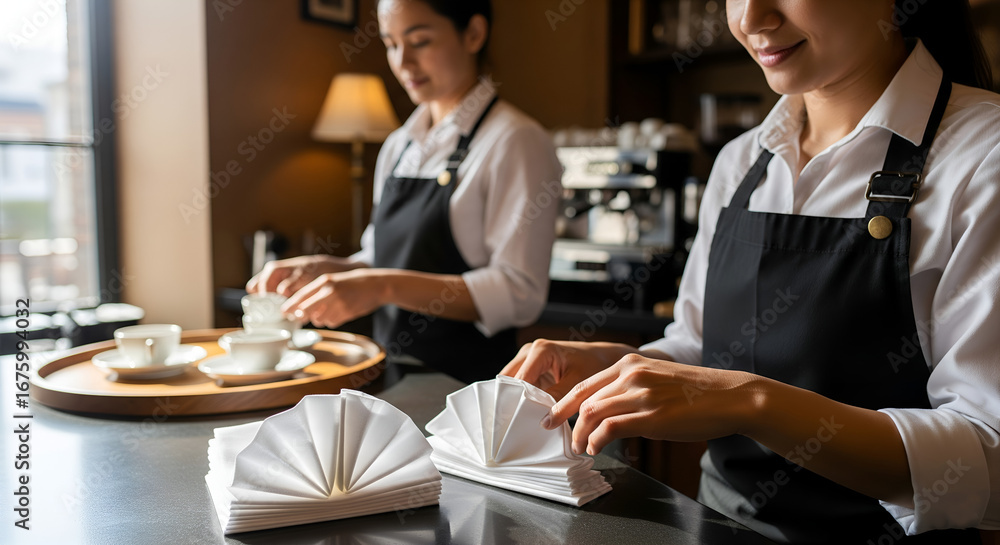 Fototapeta premium Two asian waitresses preparing coffee cups and napkins on counter in cafe, getting ready for customers with a warm and inviting atmosphere.