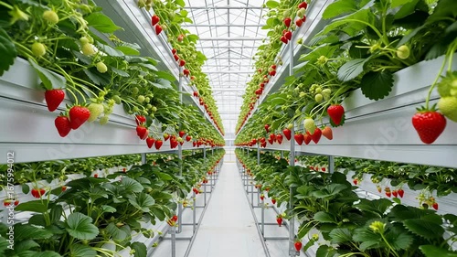 Explore modern greenhouse with vertical hydroponic strawberry systems and vibrant ripe berries