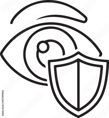 Black and white line art icon of an eye with a shield symbolizing protection and security
