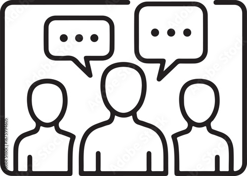 Three people in conversation with speech bubbles above their heads communication discussion
