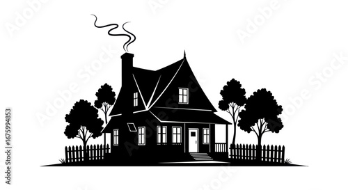 Silhouette of a charming house with smoking chimney and picket fence.
