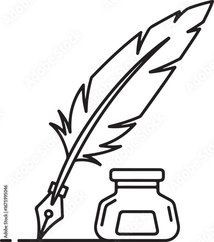Quill pen and inkwell icon on white background representing writing and creativity