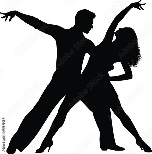 Silhouette of dancing couple in passionate pose, elegant ballroom dancers artwork, romantic dance illustration, vector style, isolated background