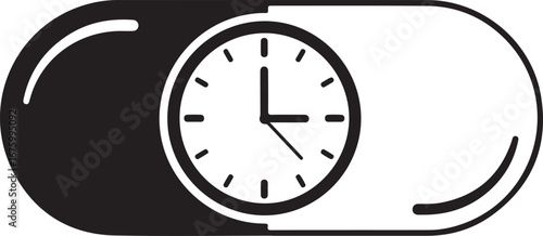 Black and white icon of a pill capsule with a clock inside representing time and medicine