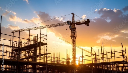 industrial construction site crane scaffolding sunset