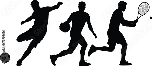 Silhouette of male athletes playing football, basketball, and tennis, active sportsman vector design, dynamic motion illustration on white background