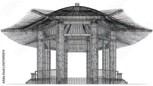 Wireframe rendering of a pagoda-like structure with multi-tiered curved roof