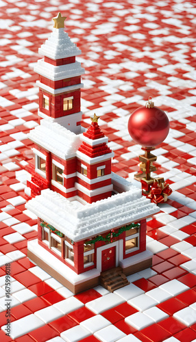 Christmas Building Block House with Snow and Ornament